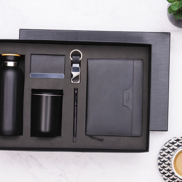 Premium Black Corporate Gift Set with Bottle, Diary, Pen & Accessories