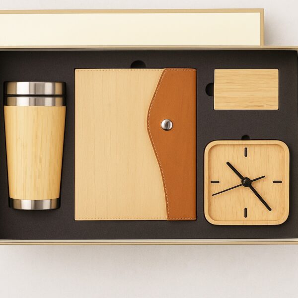 Premium Bamboo Corporate Gift Set with Notebook, Tumbler, Clock & Card Holder