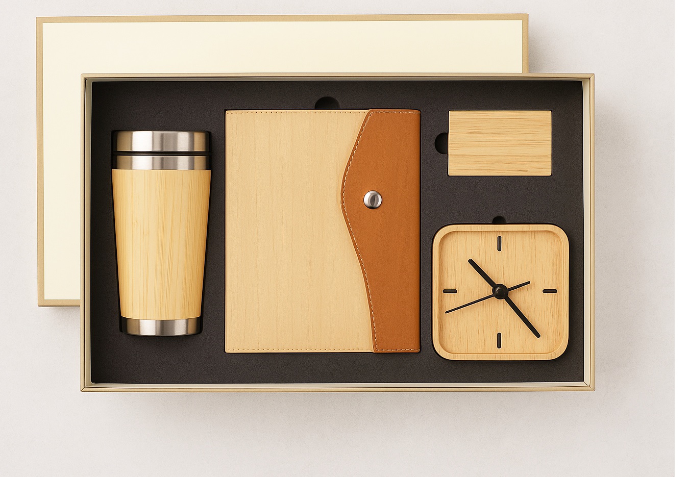 Premium Bamboo Corporate Gift Set with Notebook, Tumbler, Clock & Card Holder