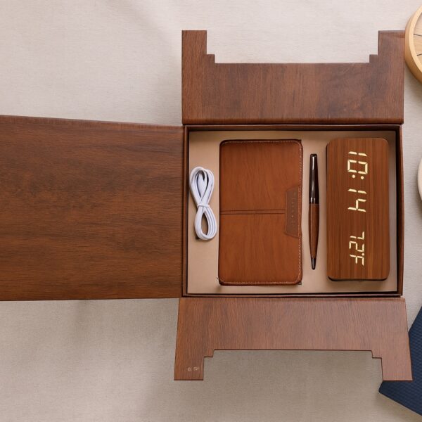 Premium Wooden Executive Gift Set with Notebook, Pen, Digital Clock & Cable