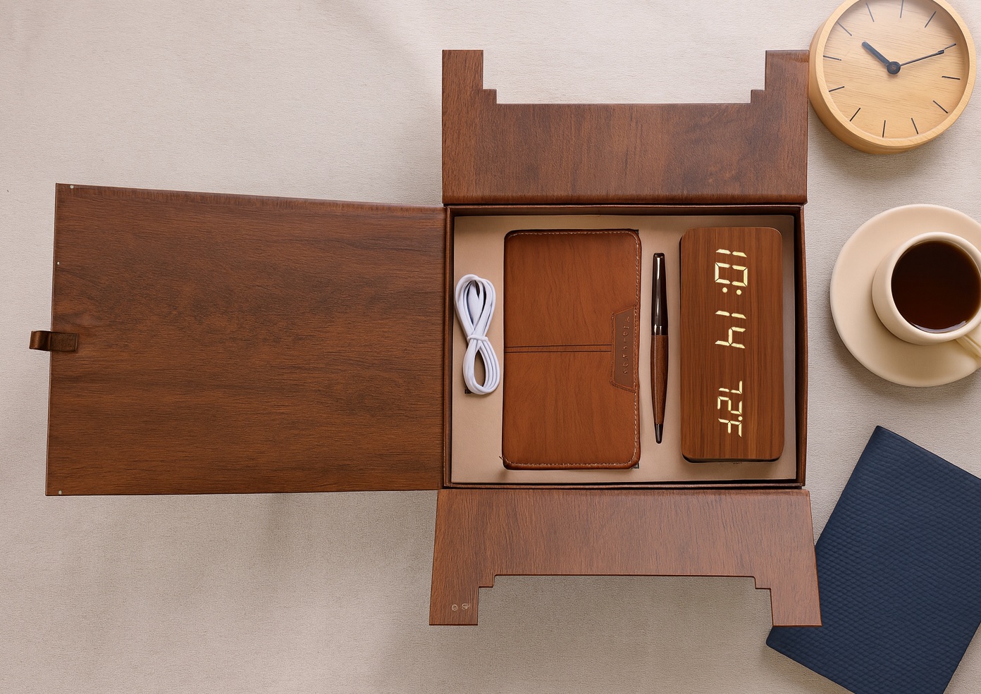 Premium Wooden Executive Gift Set with Notebook, Pen, Digital Clock & Cable