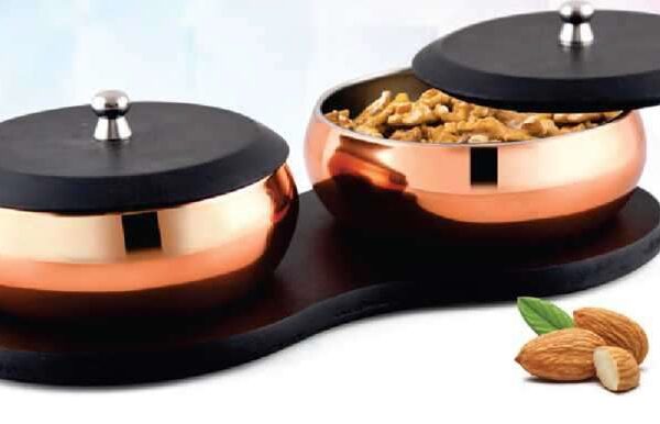 MSS 0372 Copper Finish Snack Set with Wooden Tray – 5 Pieces