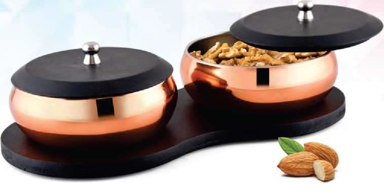 MSS 0372 Copper Finish Snack Set with Wooden Tray – 5 Pieces