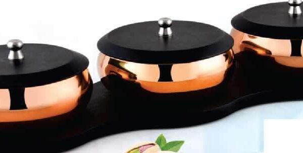 MSS 0375 Copper Finish Snack Set with Wooden Tray – 7 Pieces